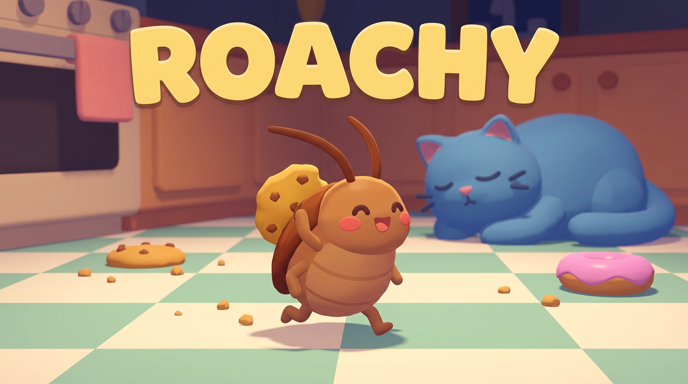The ROACHY kitchen with the roach carrying a cookie and the sleeping blue cat